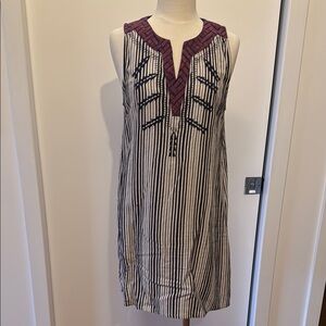 Striped Sleeveless Linen/cotton Dress with Embroidered Neckline